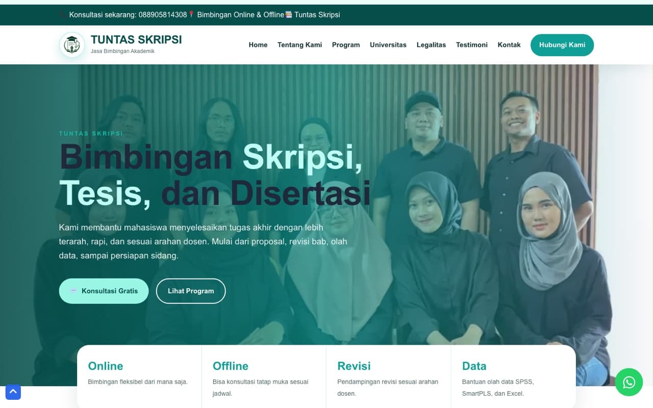 Home page screenshot of Tuntas Skripsi